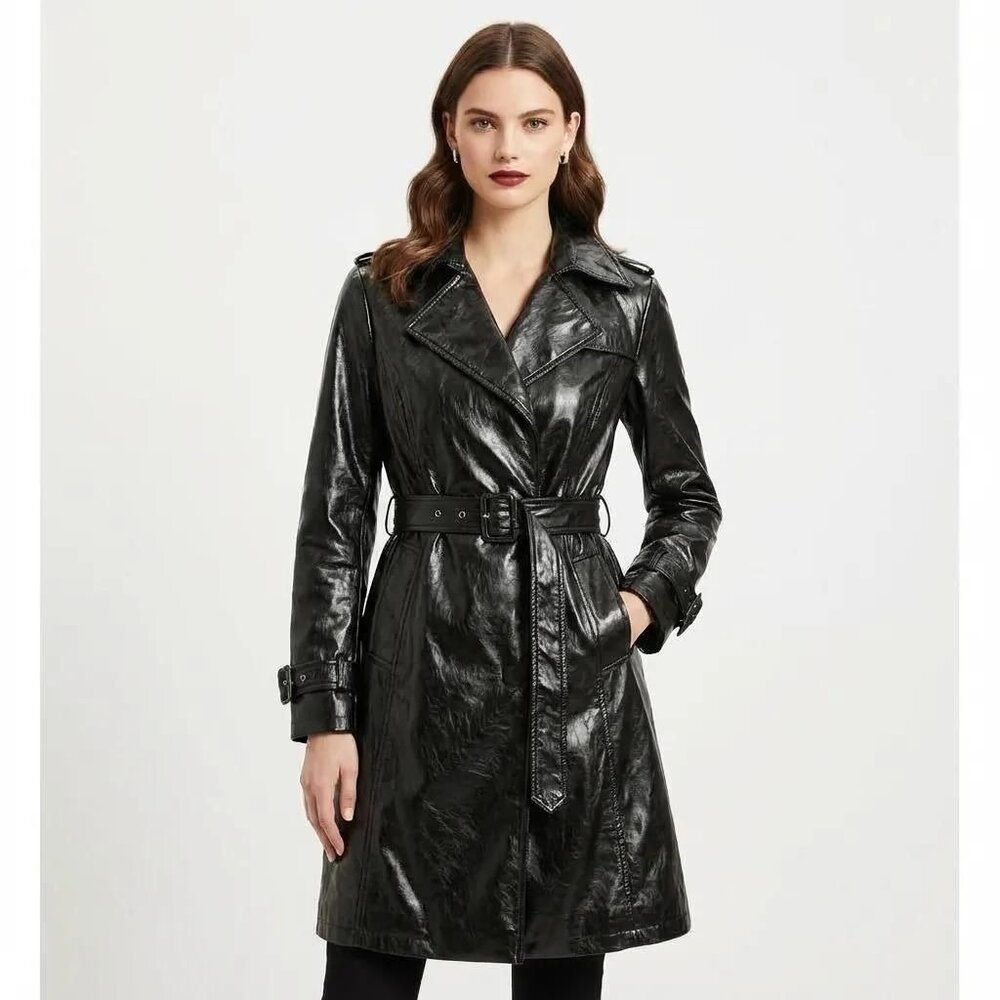 Hilary Radley New York Women's Shiny Black PU Leather Belted Trench Coat Sz S/P